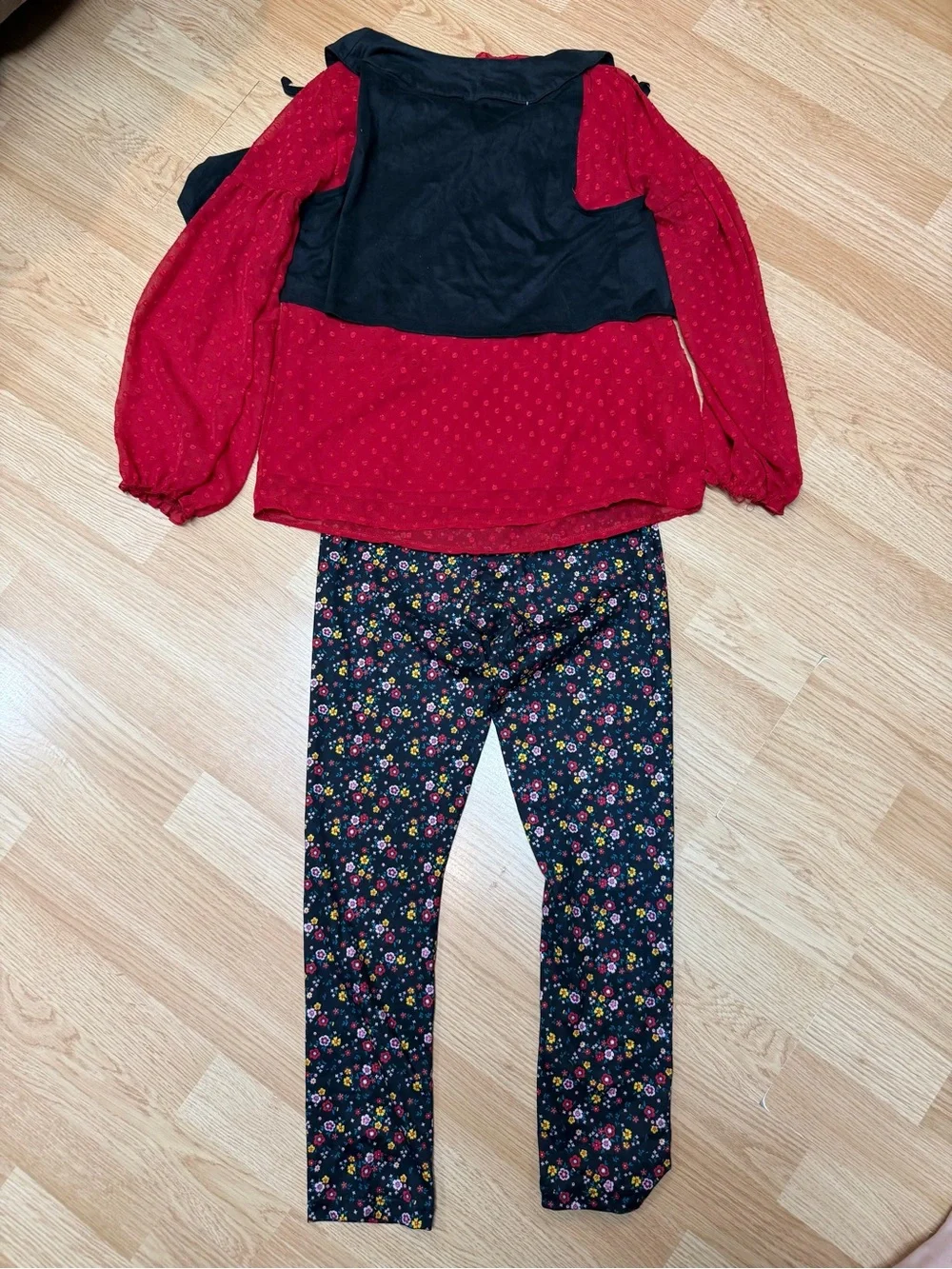 Wonder Nation Girls LG 10-12 Black Red Floral 3 Piece Outfit Vest Leggings Set